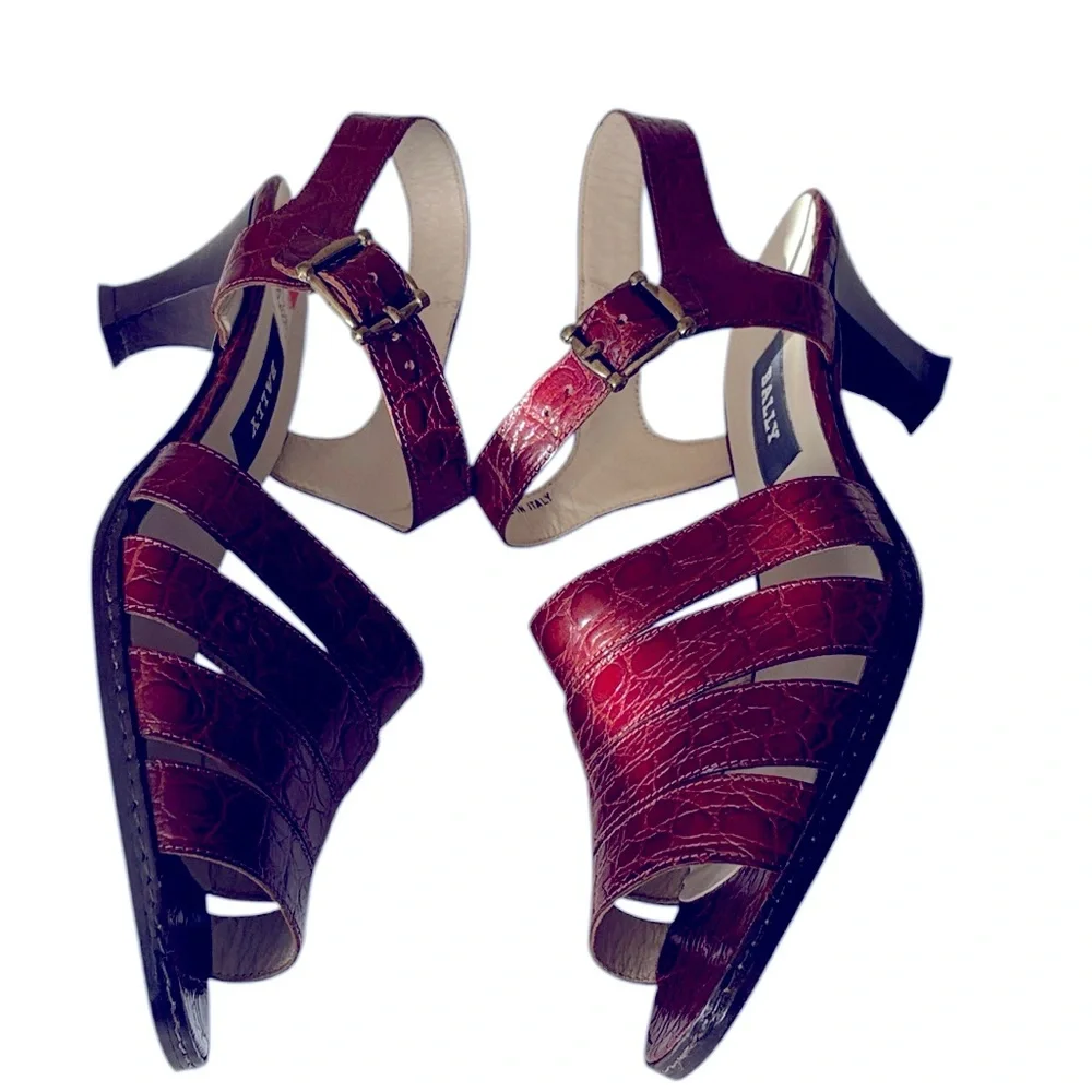 Bally leather crocodile print NWT luxury sandal, dark red/cordovan color,10.5